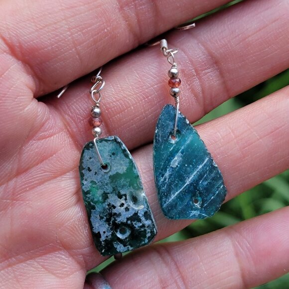 New handmade sterling silver 925 blue green sea glass dangle earrings - Picture 6 of 16